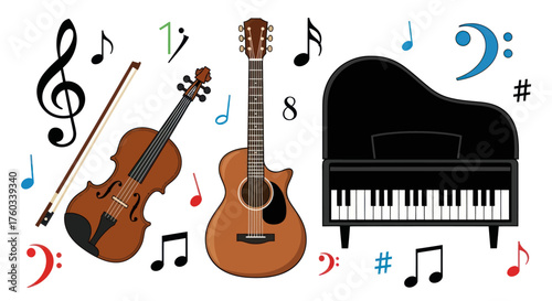 Musical Instruments: Violin Guitar and Piano with Musical Notes Illustration.