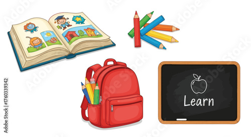Open book red backpack colored pencils and chalkboard with Learn.