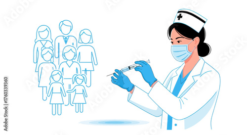 Nurse Preparing Injection for Vaccination Wearing Mask and Gloves with People in Background.