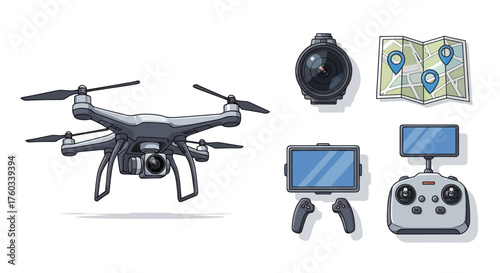 Dark Gray Drone with Camera and Accessories Ready for Flight.