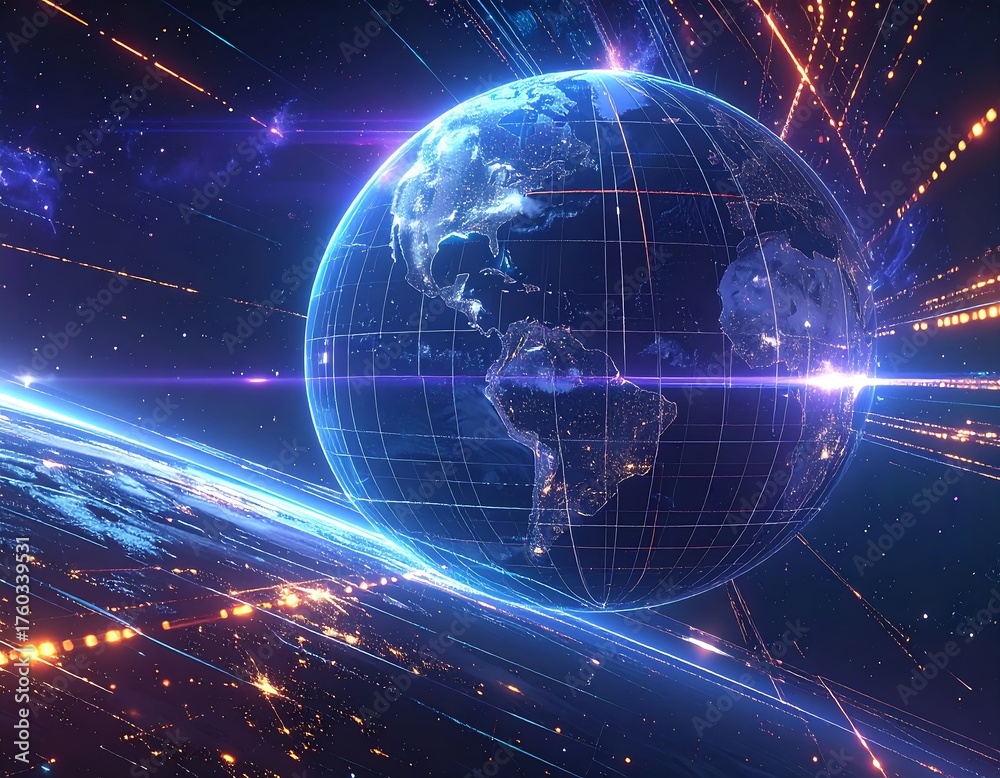 Obraz premium Digital Earth globe surrounded by glowing lines and energy in space
