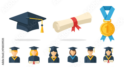 Graduation Cap Diploma Scroll Medal and Diverse Students in Academic Attire.