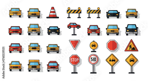 A colorful collection of pixel art style road traffic icons including various cars trucks and safety signs.