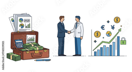 Businessmen Shaking Hands Financial Growth and Briefcase with Money.
