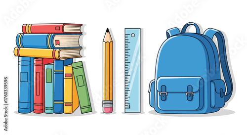 Stack of colorful books pencil ruler and blue backpack for school supplies.