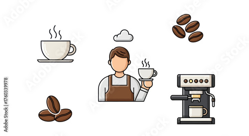 Coffee Shop Elements Illustration Set with Barista Machine Beans and Hot Cups.