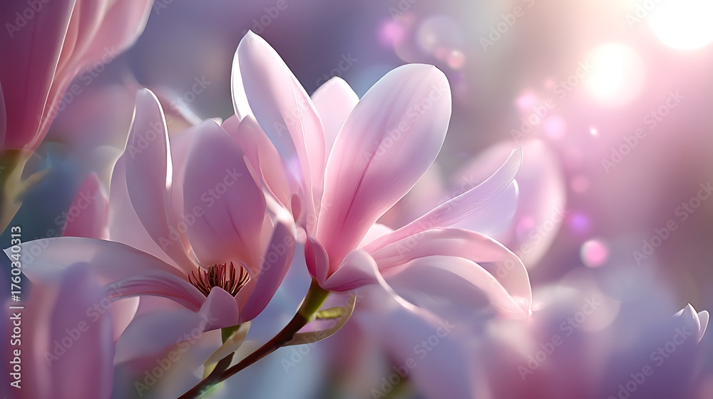 Fototapeta premium Beautiful pink magnolia blossoms bathed in soft, dreamy light for spring