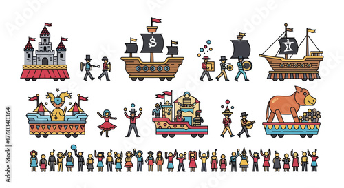 Carnival Parade Floats: Castle Pirate Ships Circus Bull and Costumed People.