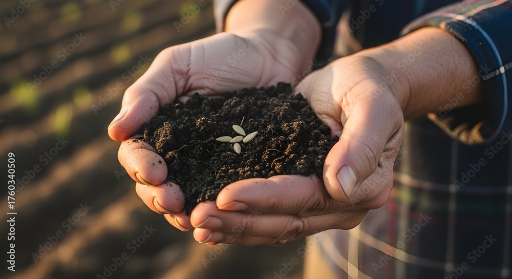 Fototapeta premium Farmer's Hands Holding Rich Soil with Young Sprout - Agriculture, New Life, Growth, Sustainable Farming