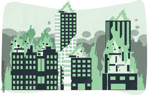 City skyline with multiple buildings engulfed in green flames and smoke skyscrapers architecture