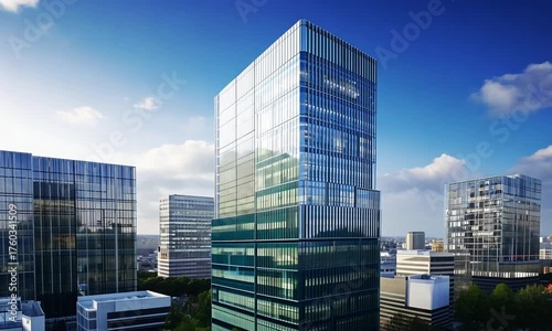 Modern glass skyscrapers against a blue sky with clouds in a city modern architecture