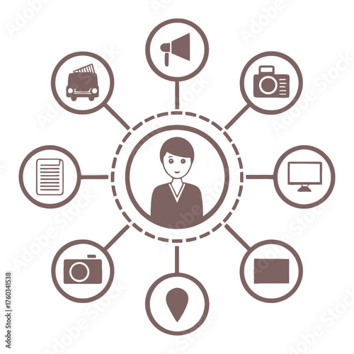 Central person icon surrounded by media and journalism tools and devices in a diagram