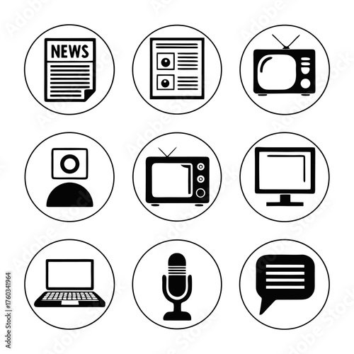 Modern journalism and media icons set communication and information symbols for digital platforms