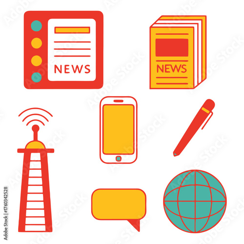 Journalism media icons set news broadcast radio phone pen globe speech bubble tower