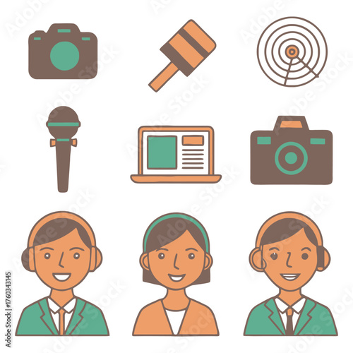Journalism and media icons set featuring cameras microphones laptops and people