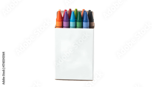 Colorful crayons stand neatly inside a white cardboard box