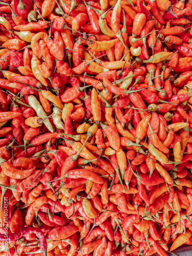 A colorful display of dried red chili peppers. Red chili peppers freshly harvested and ready for sale. Spicy red chilies gathered in bulk. Red chili pepper harvest in vibrant colors