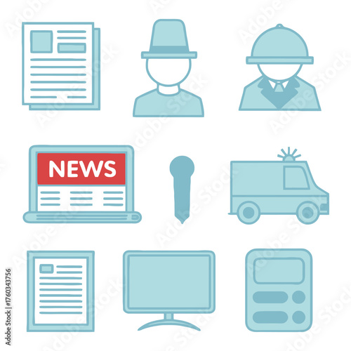 Journalism media icons set news reporting communication broadcast information technology media kit