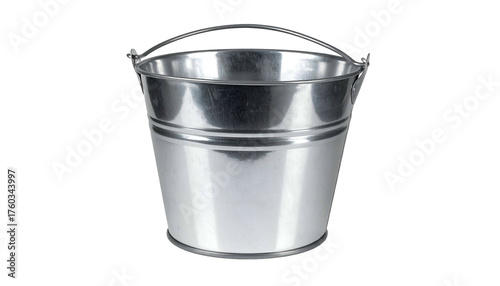 Shiny, silver metal bucket with a curved handle on a black backdrop