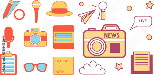 Journalism and media icons set capturing news reporting and creative elements