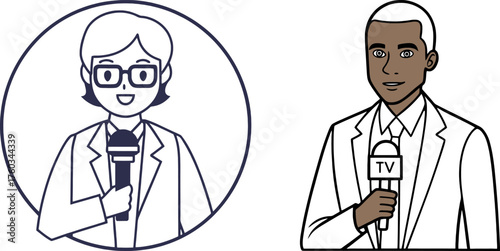 Journalism and media icons featuring diverse reporters with microphones reporting news live