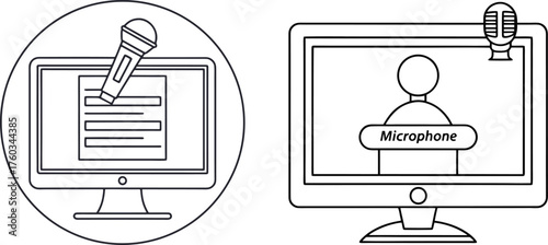 Journalism media icons set computer monitor microphone podium broadcast news reporting