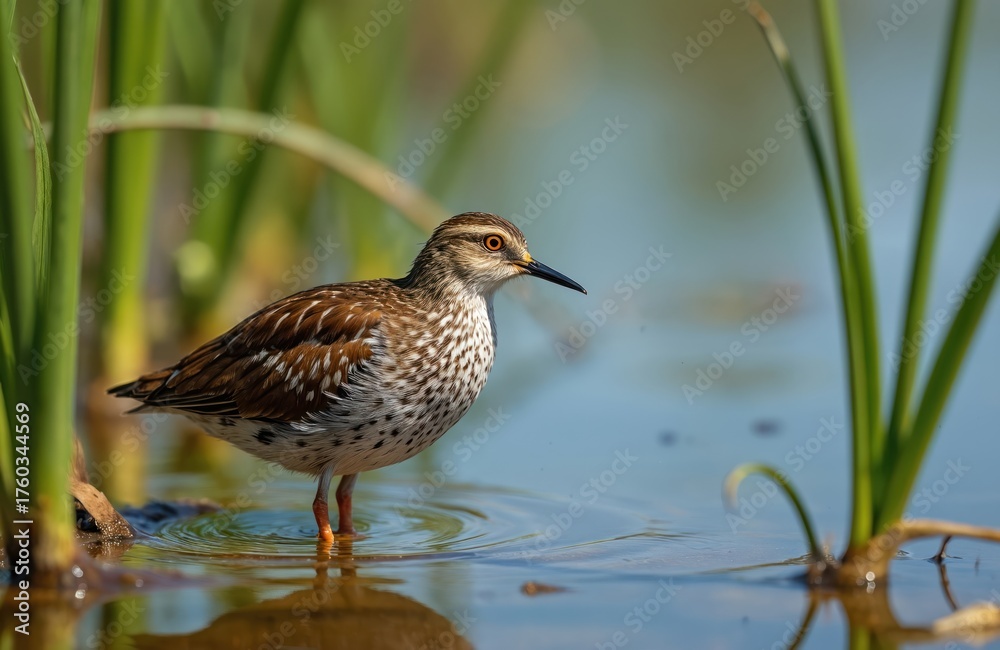 Fototapeta premium Baillons Crake bird stands in shallow water amongst reeds. Small wader bird with spotted brown and white plumage in natural wetland habitat. Wildlife focus.