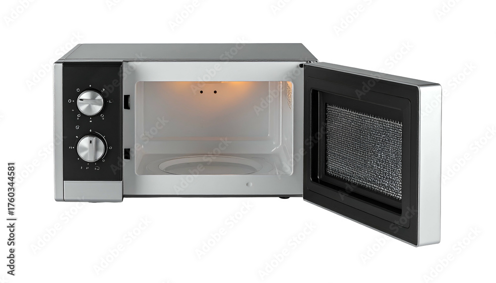 Obraz premium Open microwave oven, interior lit, with silver and black exterior