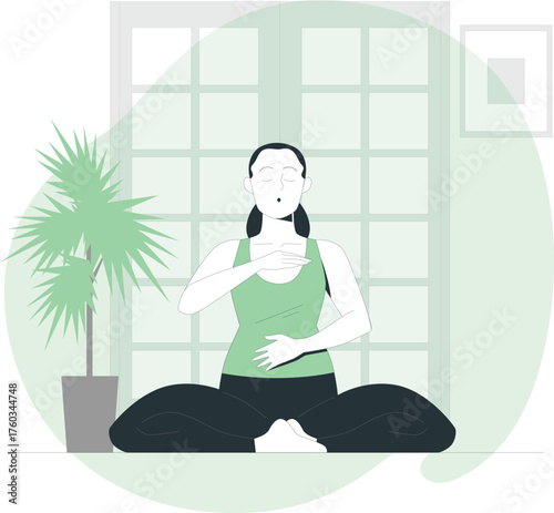 Woman Meditating in Lotus Pose by Window with Plant yoga breathing