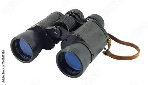 Green textured binoculars with black lenses and tan leather strap
