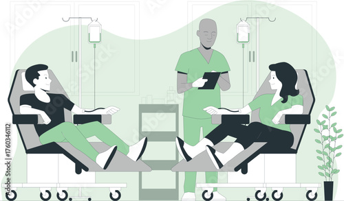 Patients Receiving IV Drip in a Medical Setting with a Nurse Keywords: patients, IV drip, medical, healthcare, hospital, clinic, nurse, treatment, medicine, recovery, illness, care, health