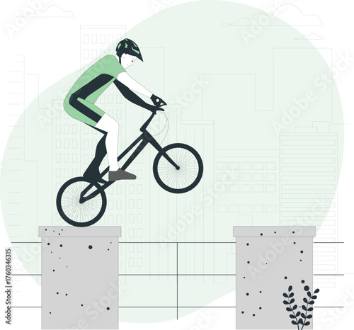 BMX Rider Performing a Jump Over Obstacles in an Urban Setting Keywords: BMX, rider, cyclist, jumping, trick, stunt, obstacle, urban, city, buildings, extreme sport, action, dynamic, motion