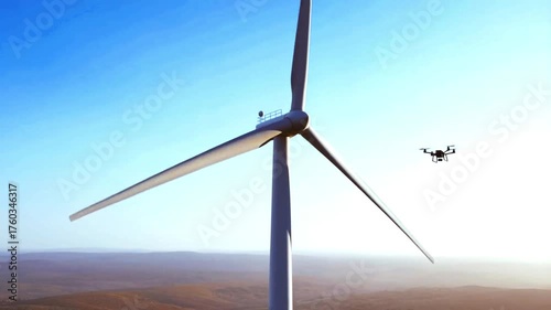 Drone Flying Near Wind Turbine Generating Clean Energy