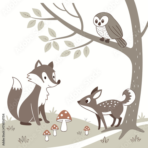 Charming woodland animals illustration with fox owl deer and mushrooms scalable vector art