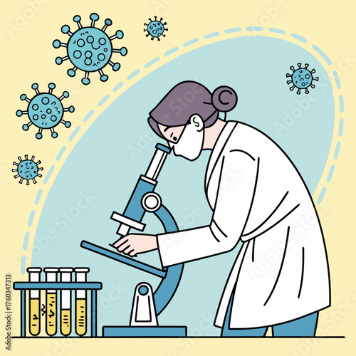 Scientist in lab coat examining virus under microscope with test tubes