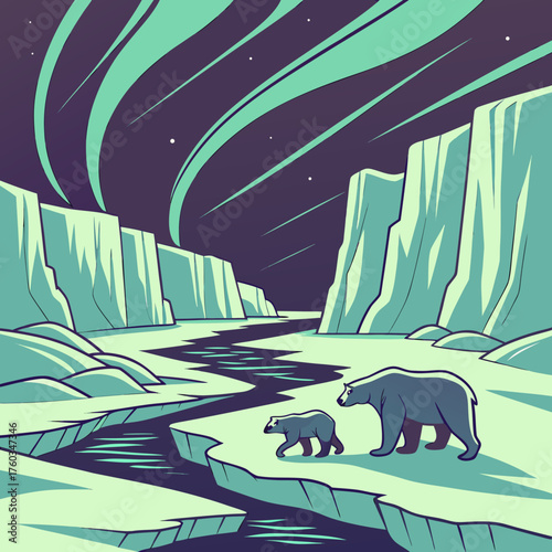 Polar bear family under the northern lights in arctic landscape