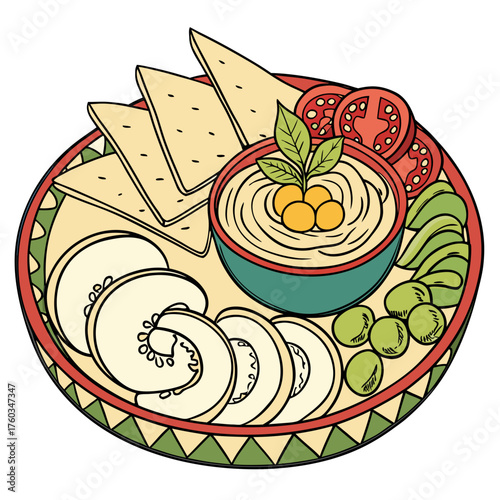 Plate of hummus with vegetables illustration