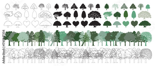 Architectural drawings, minimal style CAD tree line illustration, side view set of section and wetland forest outlines for landscape design, vector illustration in separate elements