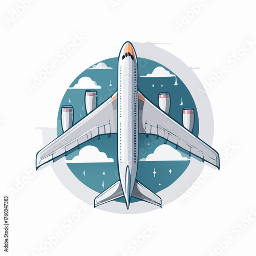 Passenger jet airplane icon viewed from a top-down perspective, symbolizing air travel, global transportation, and modern journeys