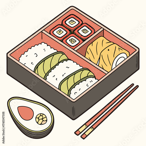 Isometric illustration of a bento box with sushi