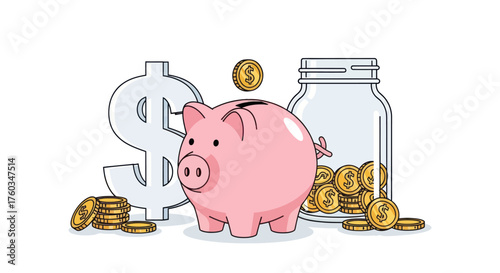 Pink Piggy Bank with Coins and Dollar Symbol.