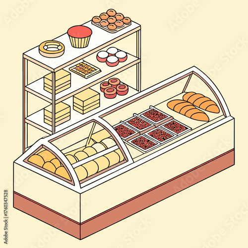 Isometric bakery display case with pastries and bread