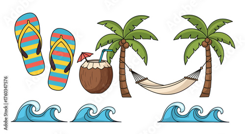 Colorful Beach Vacation Set with Flip-Flops Coconut Drink Palm Trees Hammock and Waves.