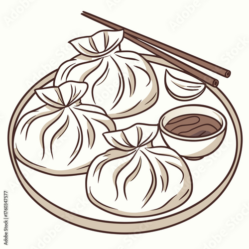 Hand drawn illustration of dumplings with chopsticks on a plate