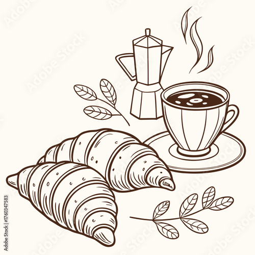 Hand drawn breakfast illustration with coffee, croissants