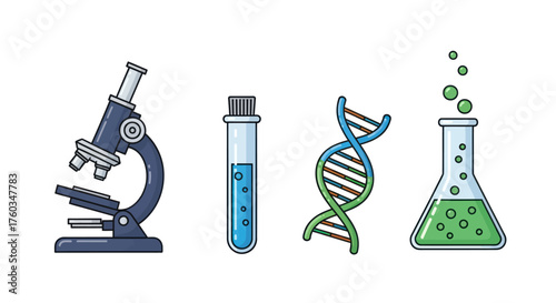 Science Equipment: Microscope Test Tube DNA Strand and Erlenmeyer Flask.