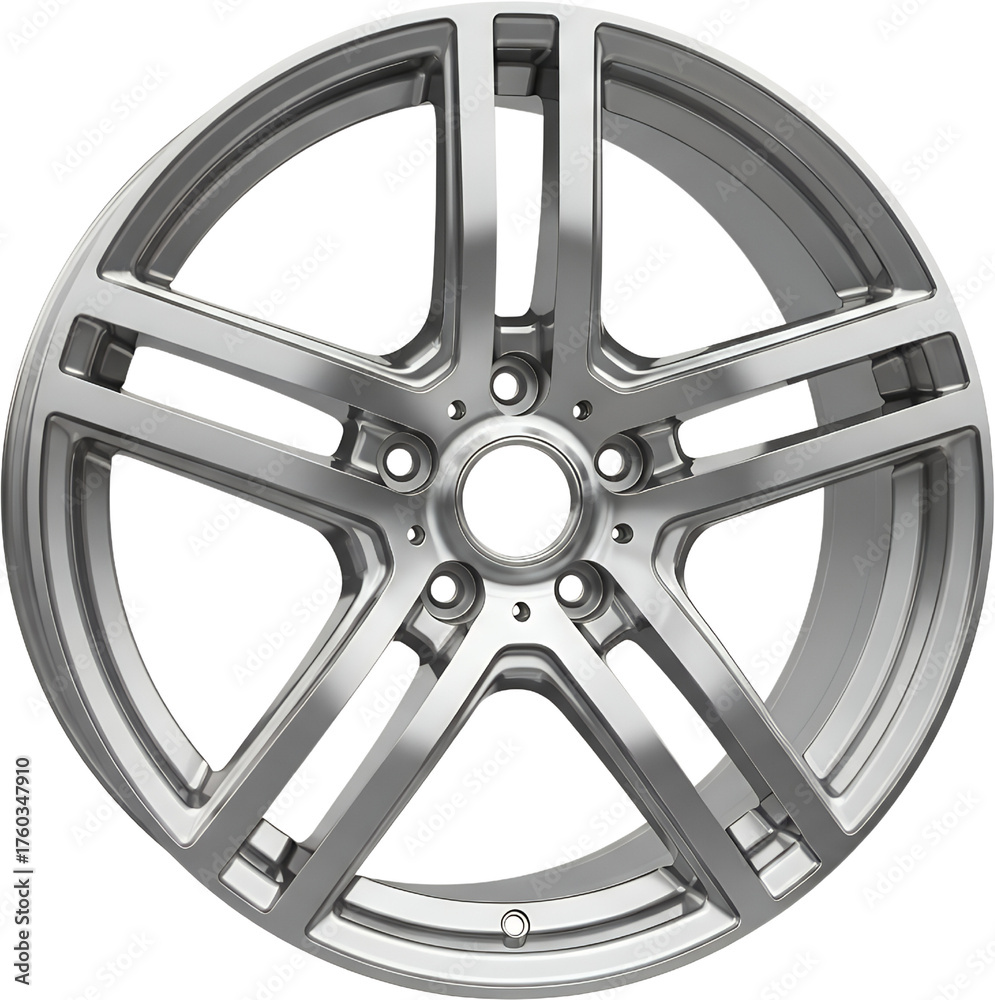 Obraz premium A Polished Silver Five Spoke Alloy Wheel With A Detailed Rim And Central Hub Isolated On A Transparent Background Ready To Isolate Car Wheel Automotive Metallic Transparent Background