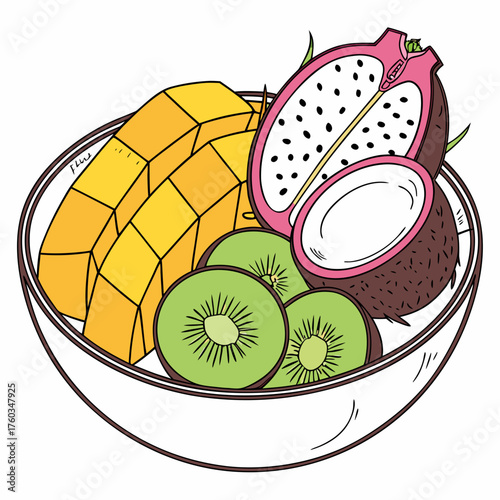 Bowl of fresh tropical fruits including mango, kiwi and dragon fruit