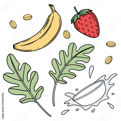 Banana, strawberry, and spinach smoothie ingredients