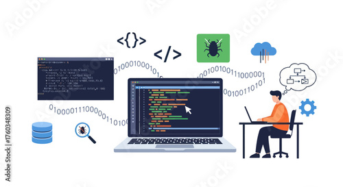 Software Development and Programming Concept with Coder and Laptop.